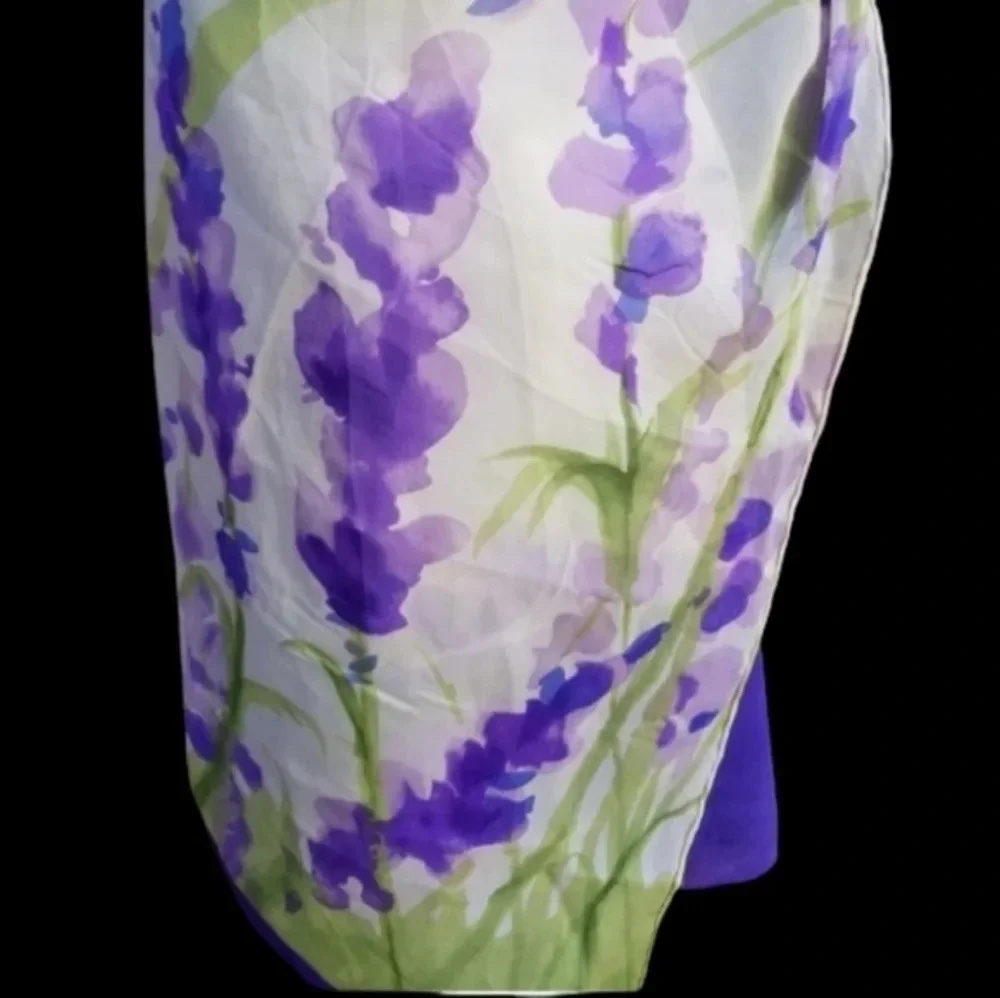 Vintage Silk Organza Watercolor Floral Scarf Sheer Lavender Green Wrap